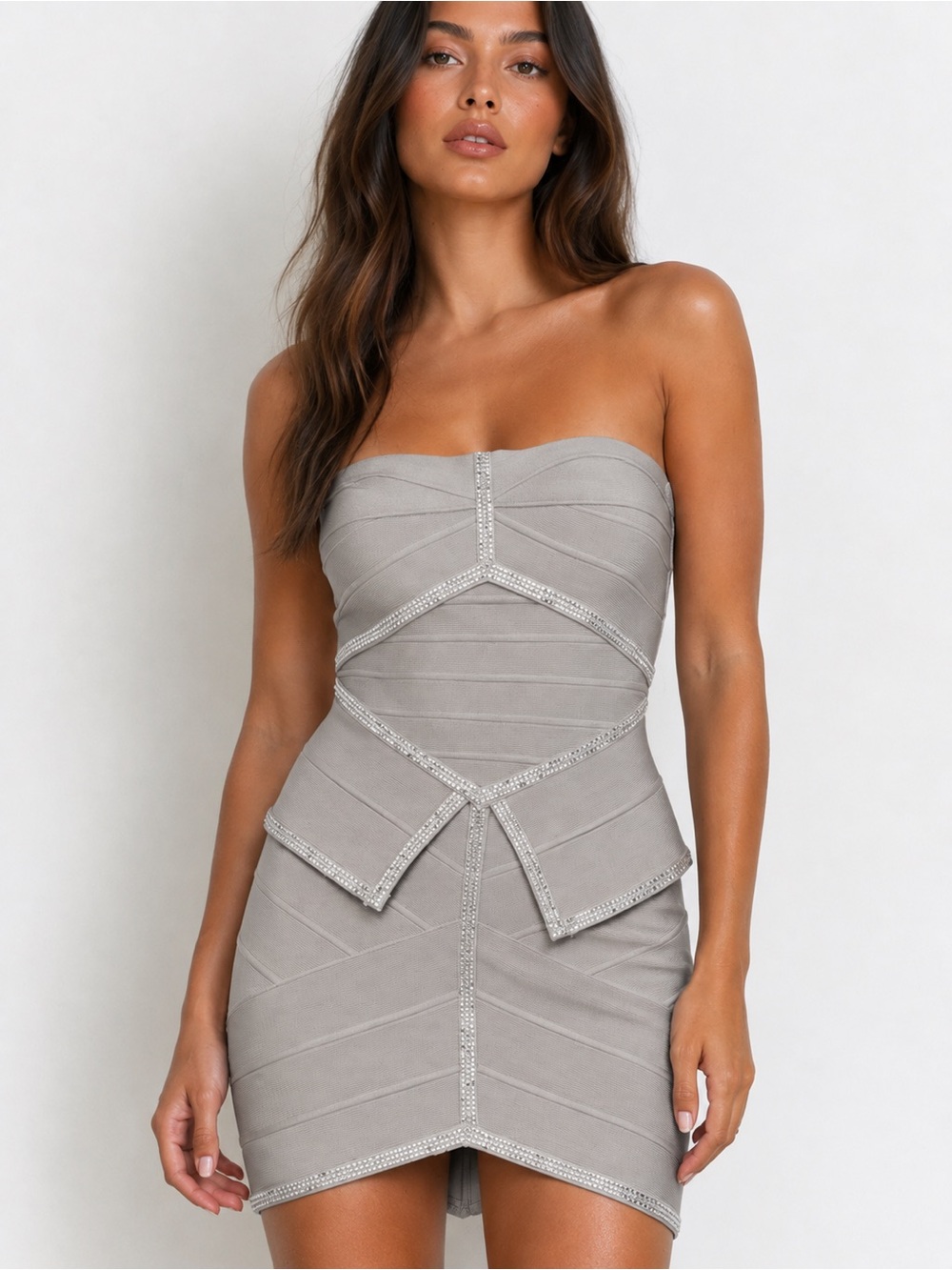 Terani Couture Strapless Silver-Trim Gray Bandage Mini Dress